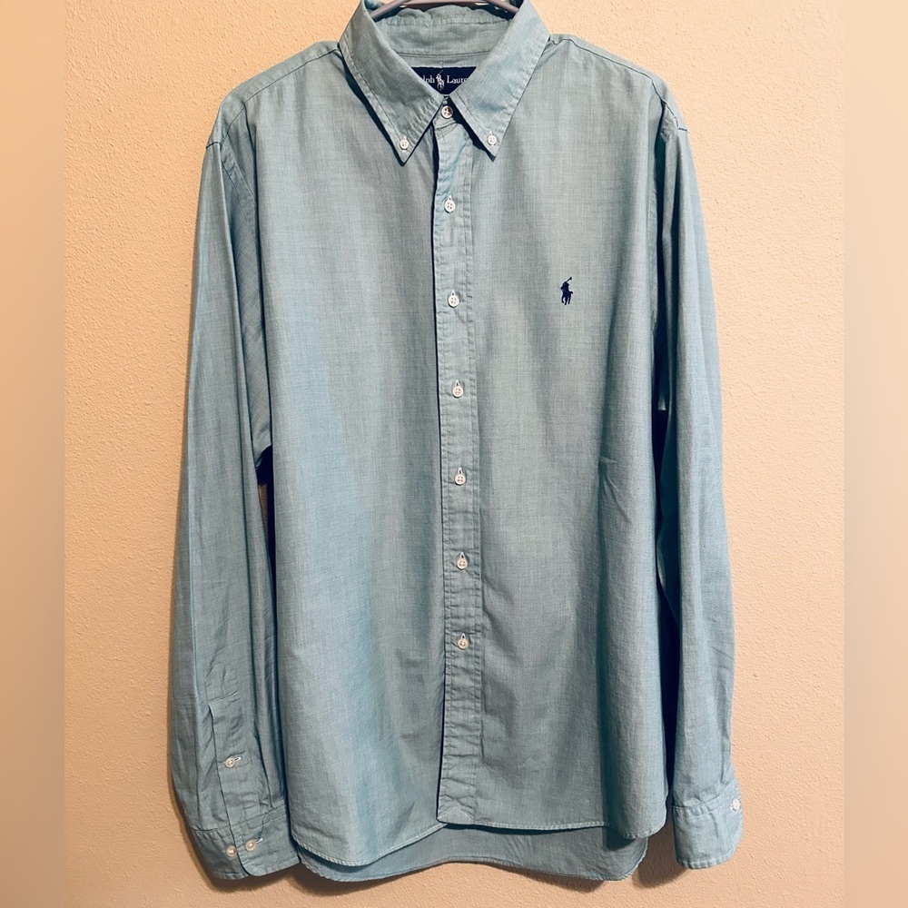 Ralph Lauren Custom Fit Oxford Shirt Men 17 38/37 Green Blue Pony